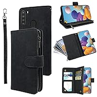 Compatible with Samsung Galaxy A21 Wallet Case and Premium Vintage Leather Flip Credit Card Holder Stand Cell Accessories Folio Purse Lanyard Phone Cover for Glaxay 21A 2020 Women Men Black