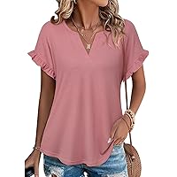 Youtalia Women's Casual Ribbed Knit Tops Ruffle Short Sleeve T Shirts Summer V Neck Solid Blouses