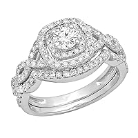 Round White Diamond Cushion Bridal Halo Engagement Ring Set (1 ctw, Color I-J, Clarity I1-I3) in Gold