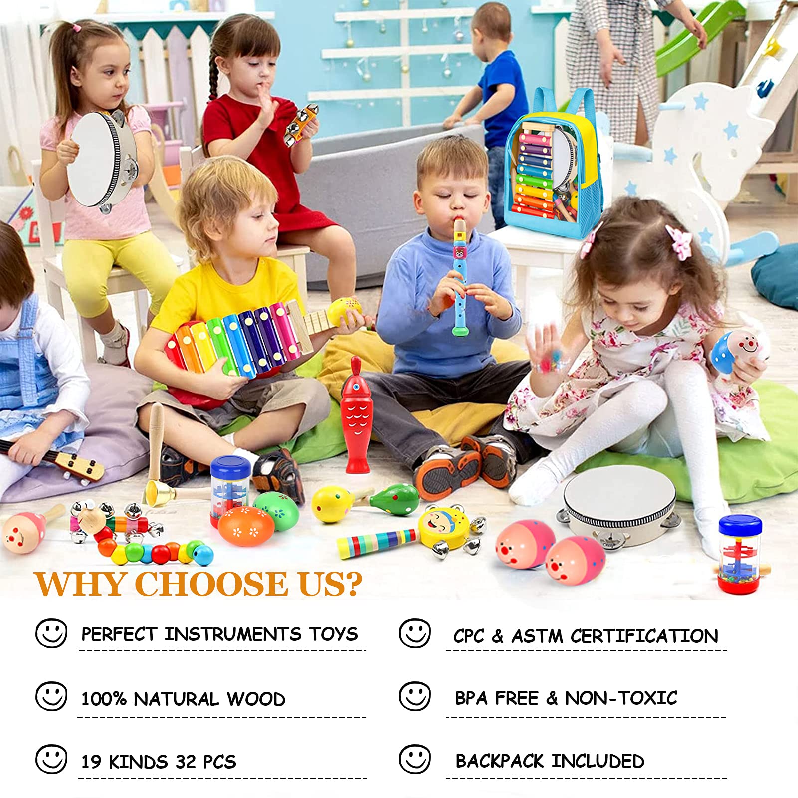 Gouezcc Toddler Musical Instruments Set, 32 PCS 19 Kinds Wooden Percussion Instruments Toys for Kids Playing Preschool Education, Early Learning Baby Musical Toys for Boys and Girls Gift