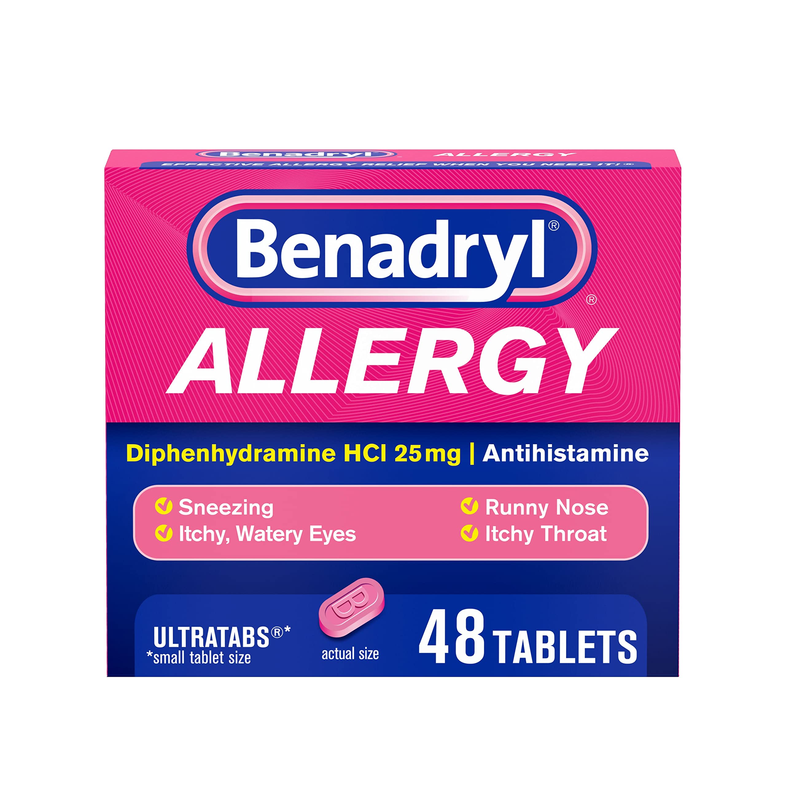 Benadryl Ultratabs Antihistamine Allergy Relief Medicine, 25 mg Diphenhydramine HCl Tablets for Relief of Cold & Allergy Symptoms Such as Sneezing, Runny Nose, & Itchy Eyes & Throat, 48 ct