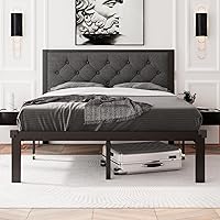 Feonase Queen Size Metal Bed Frame, Heavy-Duty Platform Bed Frame with Linen Upholstered Headboard, 12