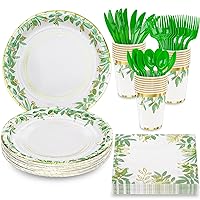 Sage Greenery Party Supplies, Gold Foil Jungle Theme Party Decorations Green Leaf Dinnerware for Baby Shower Birthday Tea Party, Greenery Dinner Plates Cocktail Napkins Cups Cutlery, Serves 24