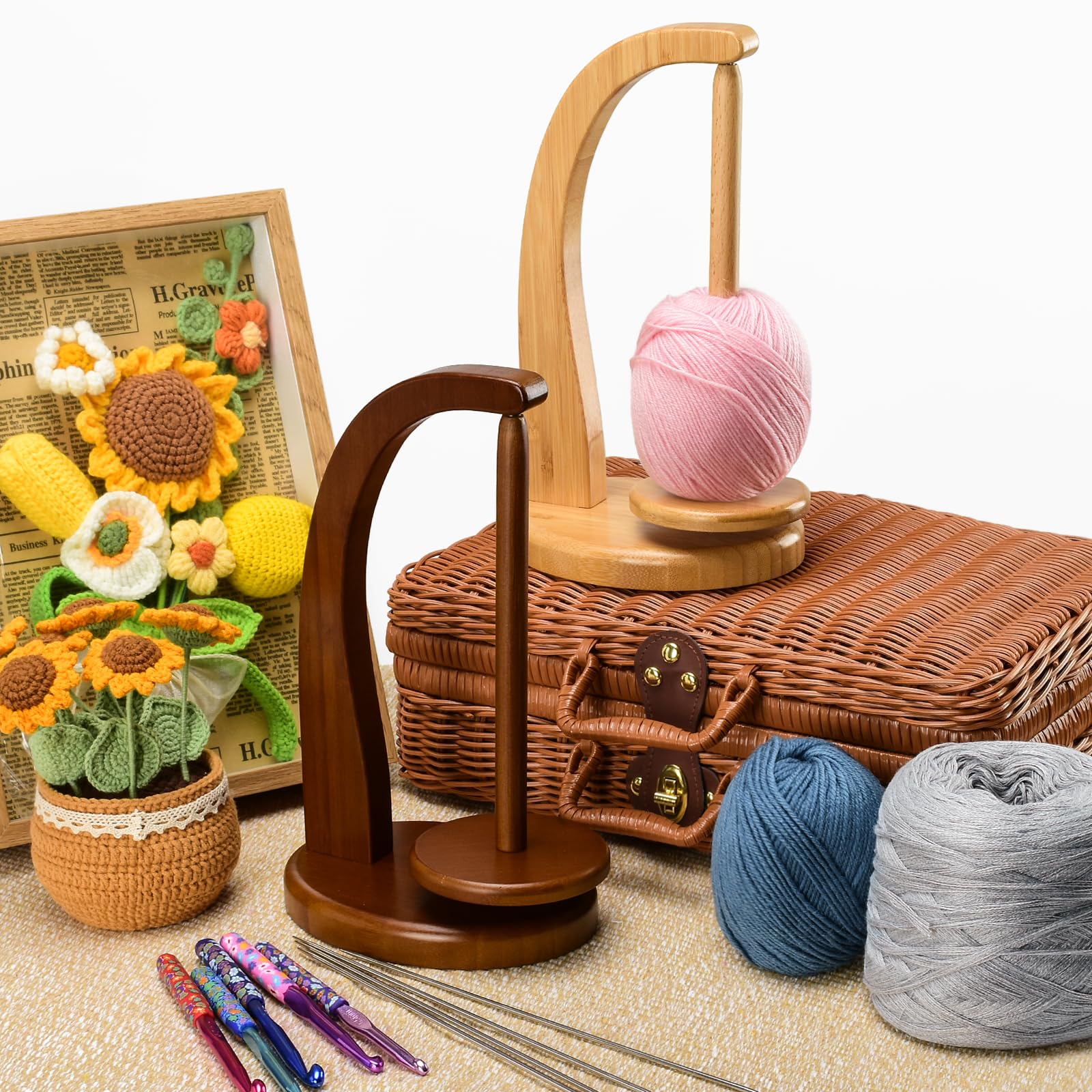 Yarn Holder for Knitting and Crocheting,Crochet Gift for Knitting Lovers,Wooden Yarn Spinner for Crochet by Artowell (Original Bamboo Color)