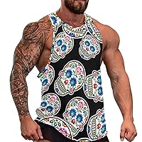 Floral Skull Polish Folk Art Men's Workout Tank Top Casual Sleeveless T-Shirt Tees Soft Gym Vest for Indoor Outdoor