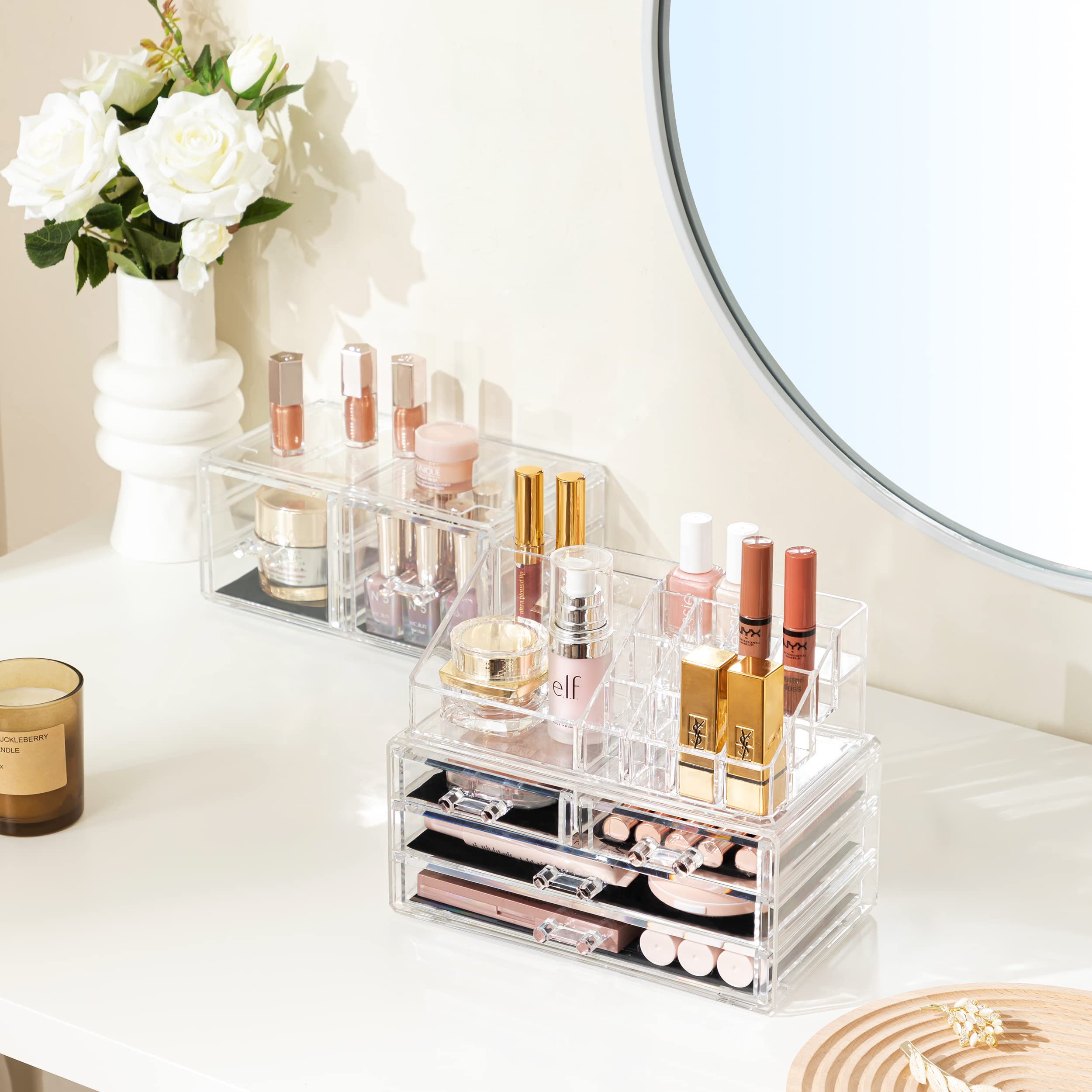 HBlife Makeup Organizer 3 Pieces Acrylic Cosmetic Storage Drawers and Jewelry Display Box, Clear