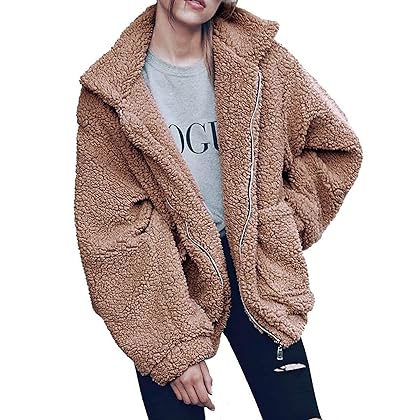 PRETTYGARDEN Women's 2023 Fashion Winter Coat Long Sleeve Lapel Zip Up Faux Shearling Shaggy Oversized Shacket Jacket