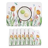 U'Artlines PVC Placemats Set of 6,Tulips Butterfly Print Seasonal Stain Heat Resistant Waterproof Table Mats for Hot Dishes Washable Placemat for Kitchen Dining Table Decoration