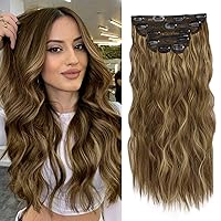 WECAN Clip in Hair Extension 20 Inch 6PCS Honey Brown Mix Blonde Long Wavy Curly Hairpieces for Women Natural Thick Synthetic Fiber Double Weft Hair Full Head