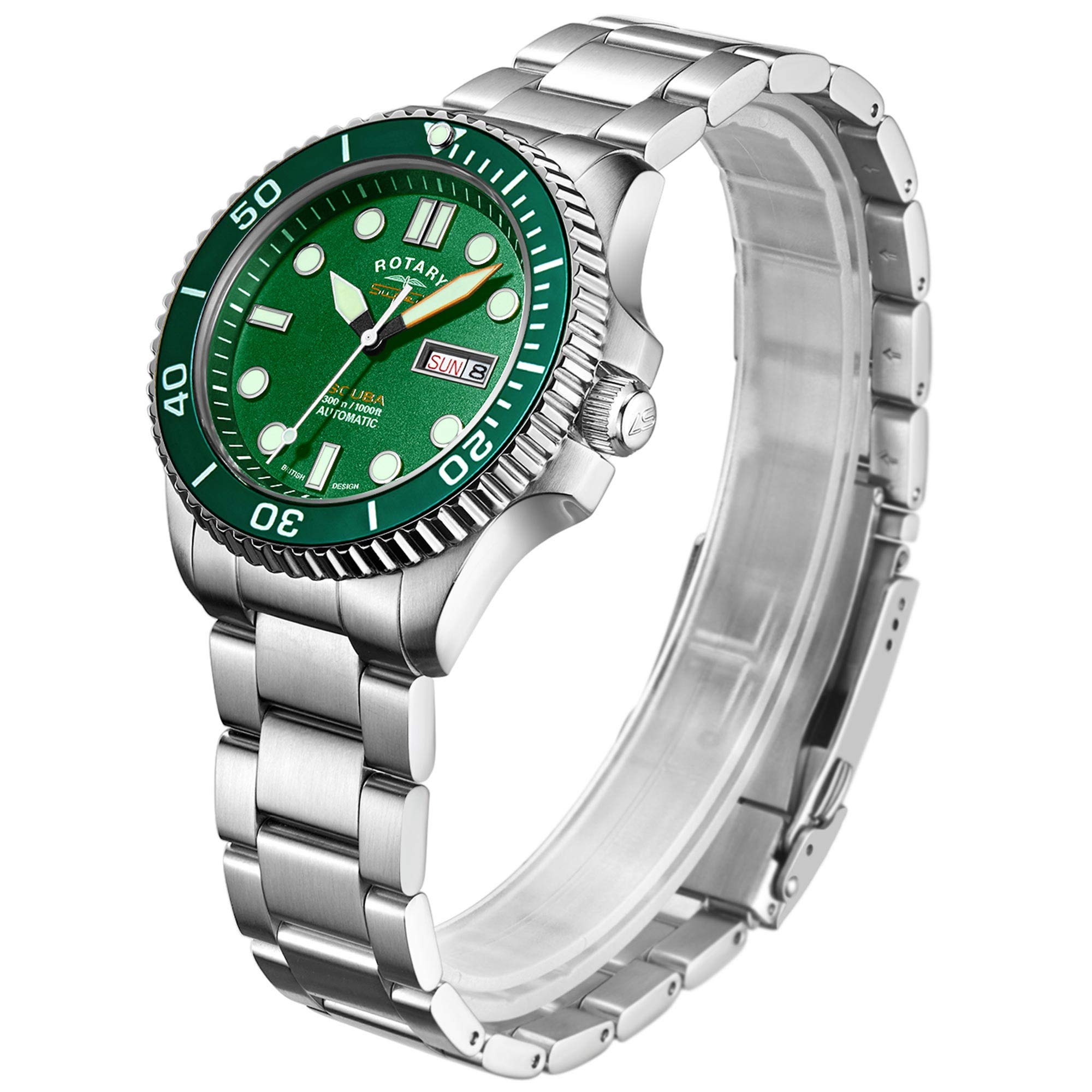 Rotary Super 7 Scuba 'Hulk' Automatic Green Dial Silver Stainless Steel Bracelet Men’s Watch S7S003B