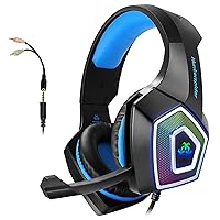 Gaming Headset with Mic for Xbox One PS4 PC Switch Tablet Smartphone, Headphones Stereo Over Ear Bass 3.5mm Microphone Noise Canceling 7 LED Light Soft Memory Earmuffs(Free Adapter) (Renewed)