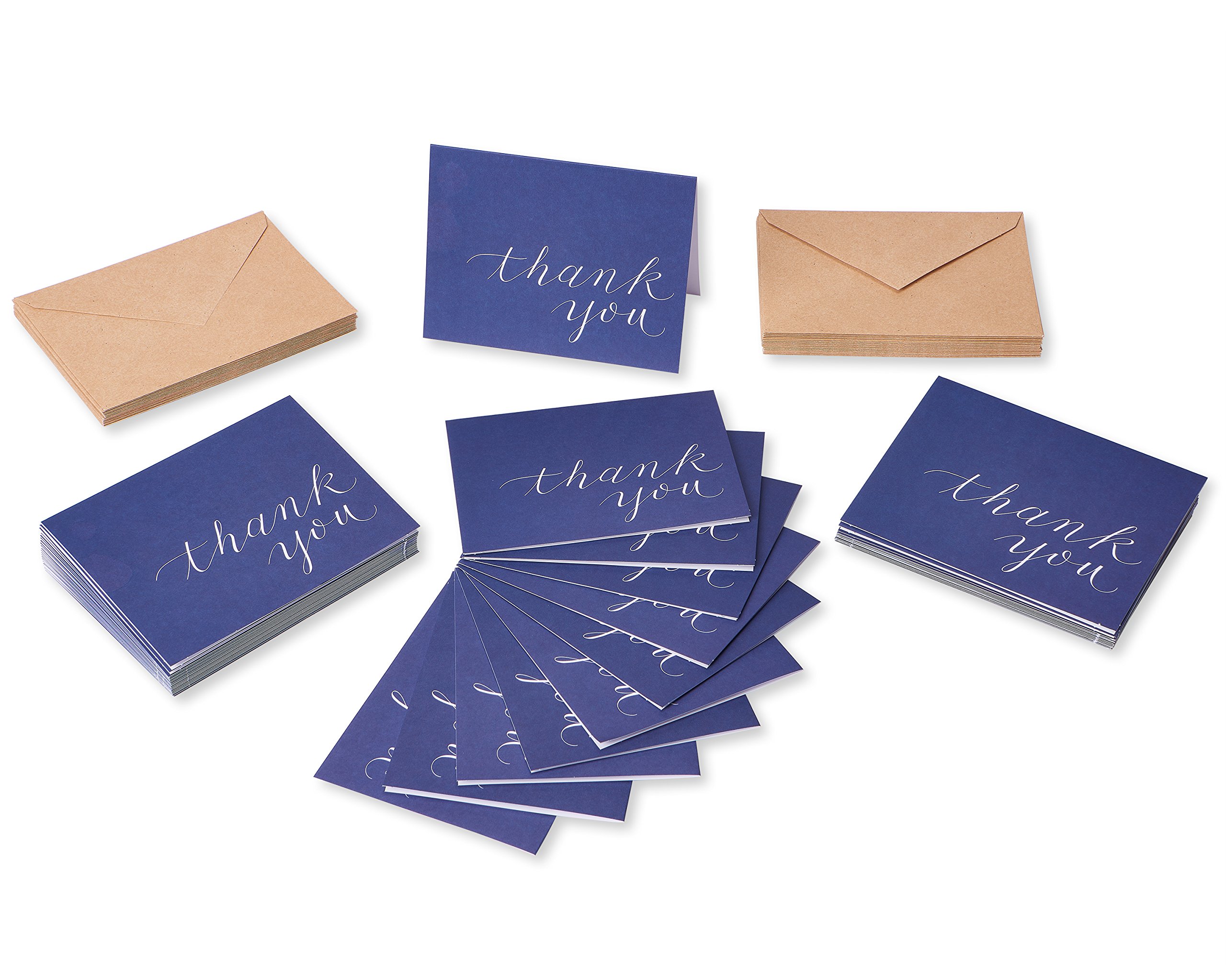 American Greetings Thank You Cards, Navy Blue with Brown Kraft-Style Envelopes (50-Count)