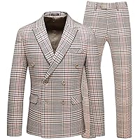Mens Blazer Slim Fit 3 Piece Double Breasted Plaid Suit Jacket Tuxedo for Prom Wedding Party Outerwear Coats