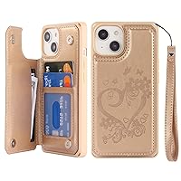 iCoverCase for iPhone 14 Case with Card Holder, iPhone 14 Wallet Case for Women with Wrist Strap [RFID Blocking] Embossed Leather Kickstand Shockproof Phone Case for iPhone 14 6.1 Inch (Heart Gold)