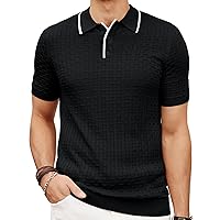 PJ PAUL JONES Mens Black Polo Shirt Short Sleeve Regular Fit Contrast Lapel Collar Plaid Texture Knit Polo Shirt 2024 Lightweight Polo Shirts M
