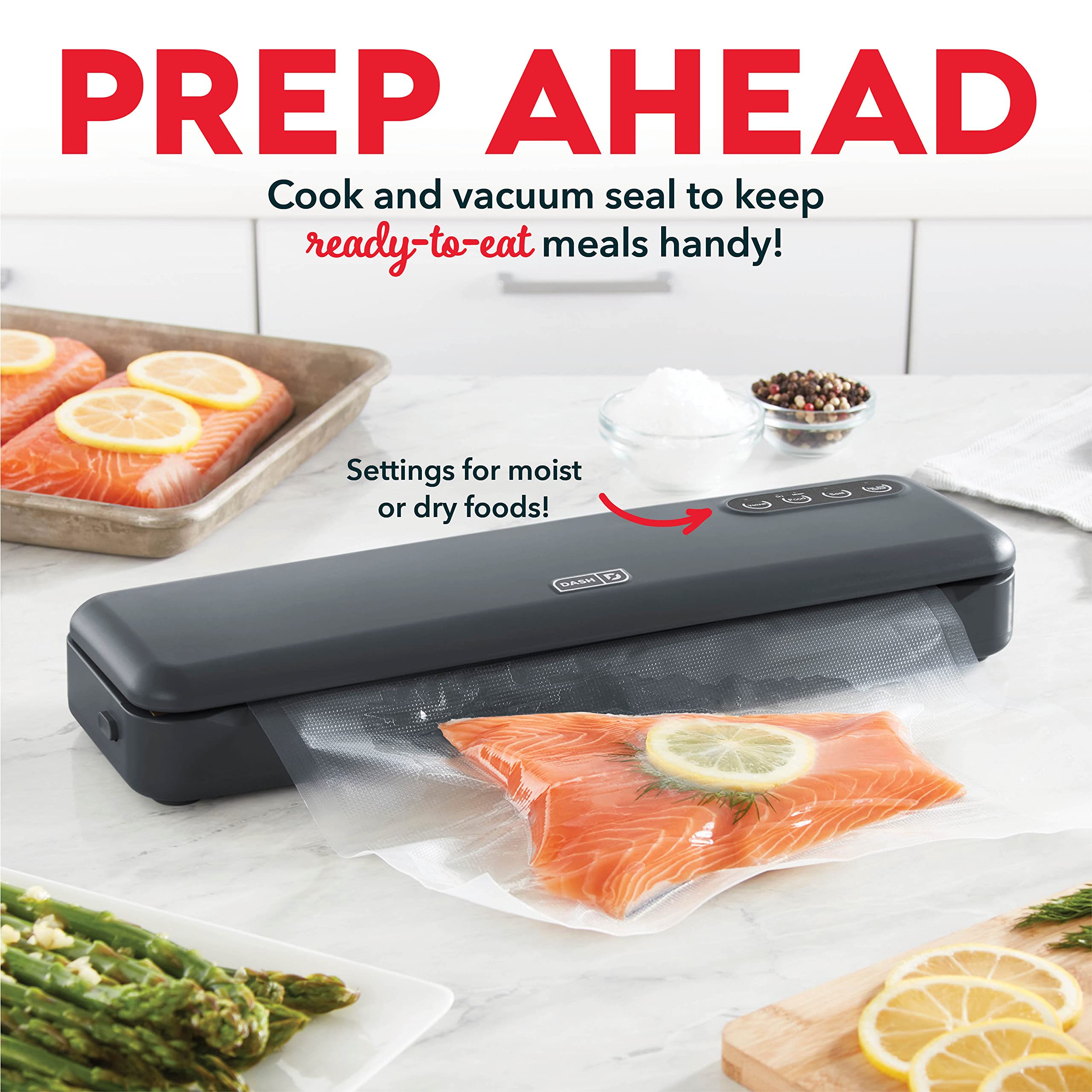 DASH SuperSeal™ Vacuum Sealer for Food Storage and Sous Vide, Perfect for Preserving Fresh Ingredients, Single Use & Reusable Bags and Cutter Included - Grey