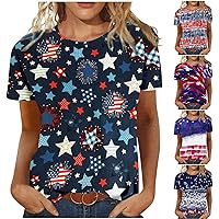 Womens Tops USA Flag 4th July American Red White Blue Star Stripes 4 Day Crewneck Summer Short Sleeve Casual Tshirts