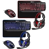 Ritz Gear Red & Blue Gaming Keyboard Kit Combo | 4-in-1 LED Backlight Bundle PC Combo with Multimedia Keyboard, Mouse, Mouse Pad & Headset with Adapter | for Windows 7+ Desktop, Laptop, Xbox & PS4