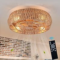 Boho Ceiling Fan with Light and Remote Rattan Caged Fandelier Ceiling Fan Low Profile Flush Mount Ceiling Fans 18inch Farmhouse Retractable Ceiling Fan with Light for Bedroom Living Room Kitchen