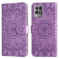 Wallet Case Compatible with Oppo Realme 8i, Embossed Sunflower Petal PU Leather Phone Flip Wallet Shockproof Cover Case with Card Slots (Purple)