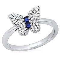 Dazzlingrock Collection Emerald Lab Created Blue Sapphire & Round Natural White Diamond Ladies Clustered Charming Butterfly Fashion Cocktail Right Hand Ring | 925 Sterling Silver