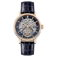 Ingersoll 1892 The Charles Men's Automatic 44mm Watch with Black Skeleton Dial and Blue Leather Strap I05808, Rose Gold, Strap.