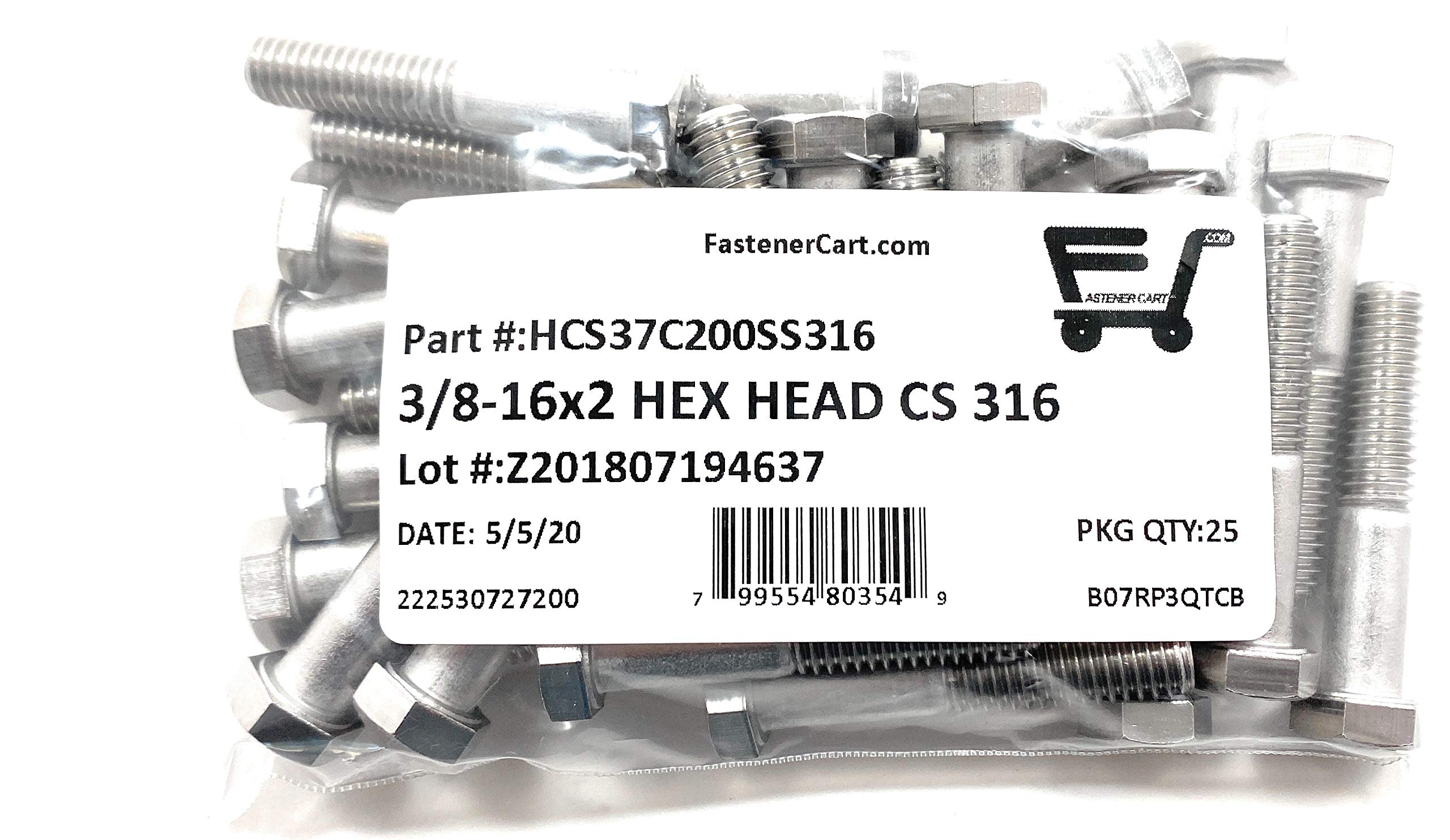 8-16x2 Stainless Steel Hex Cap Screws Hex Bolts 316 Marine Grade (UNC) COARSE Thread (25 Pieces) - 5