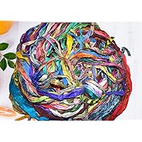 3 oz Multi Sari Silk Ribbon Scraps Remnants for Mixed Media Felting Spinning Silk Paper Weaving Fiber, ONLY Muti and Tie Dye Ribbons