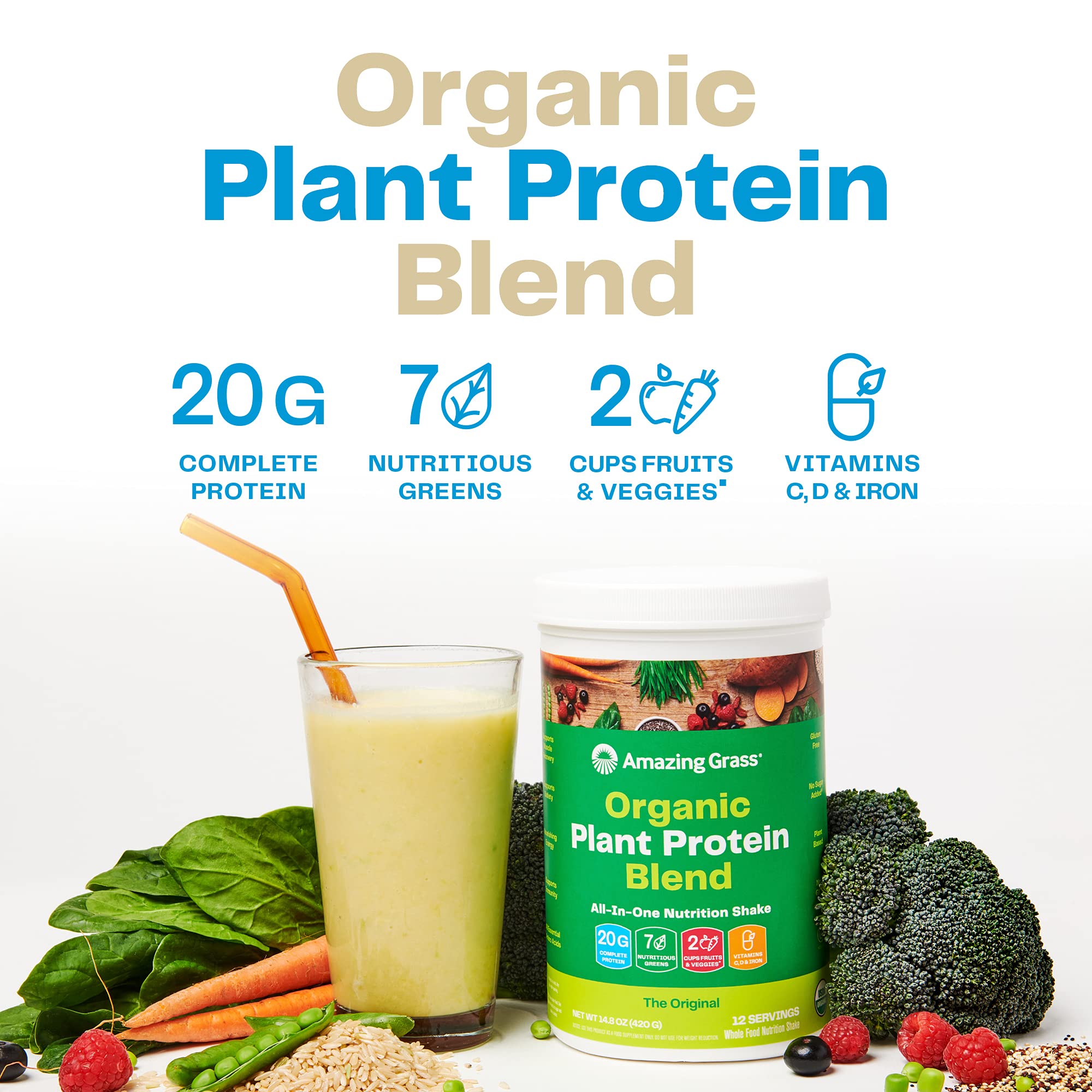 Amazing Grass Organic Plant Protein Blend: Vegan Protein Powder, New Protein Superfood Formula, All-In-One Nutrition Shake with Beet Root, Pure Vanilla, 11 Servings