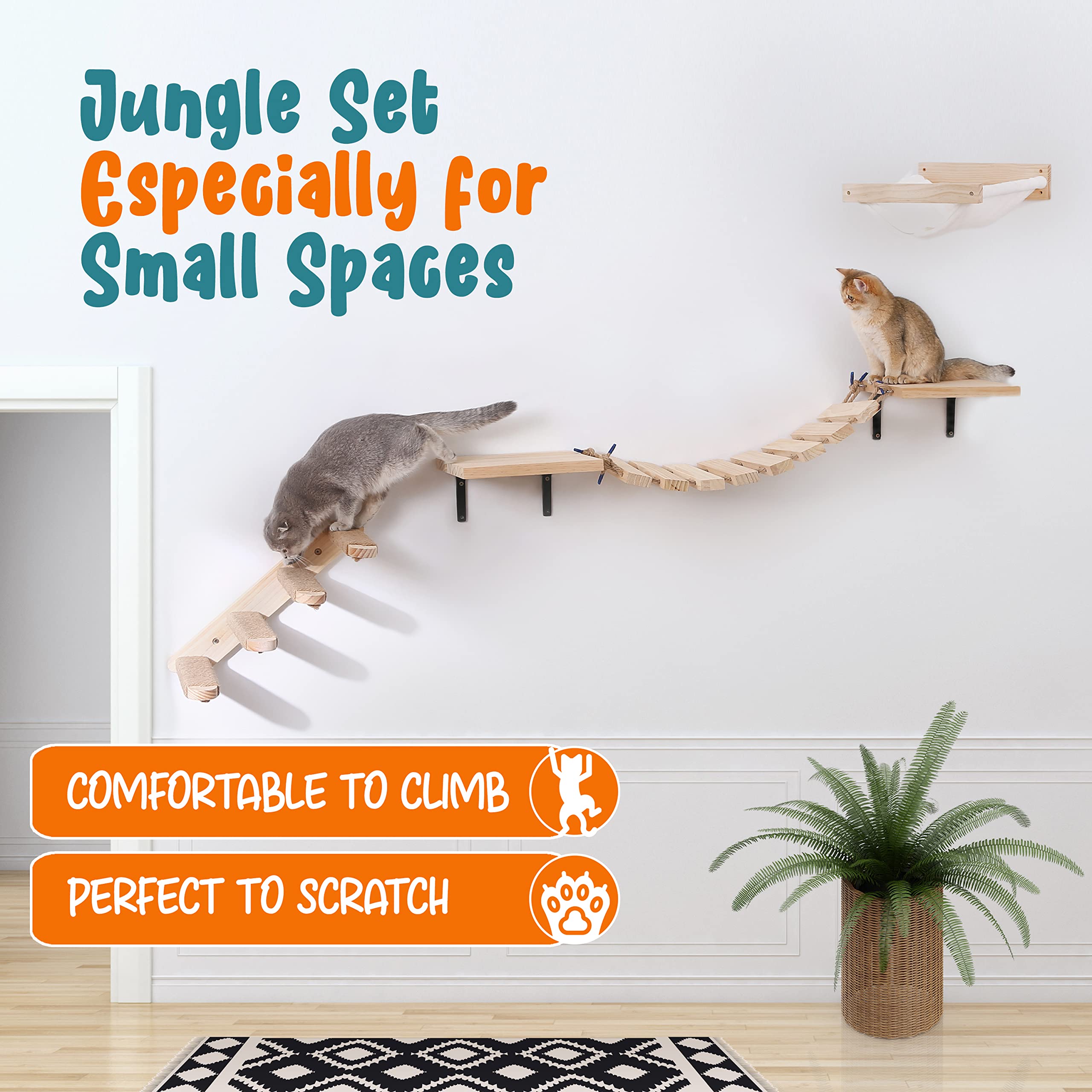 PATHOSIO PETS Cat Wall Jungle Set 2 - Floating Cat Shelves and Perches for Wall, Cat Wall Furniture for Indoor Cats - Includes Cat Bridge, Cat Stairs for Wall, and Cat Wall Hammock for Play and Rest