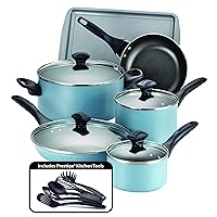 Farberware Dishwasher Safe Nonstick Cookware Pots and Pans Set, 15 Piece, Aqua