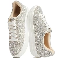 Platform Rhinestone Sneakers for Women Sparkly Lace up Tennis Shoes Bedazzled Wedding Fashion Sneaker Dress