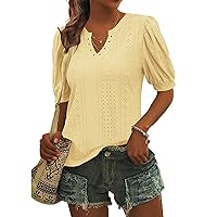 LUYAA Women's Casual Blouse Shirts Eyelet V Neck Tops Summer Puff Sleeve Trendy Tunics