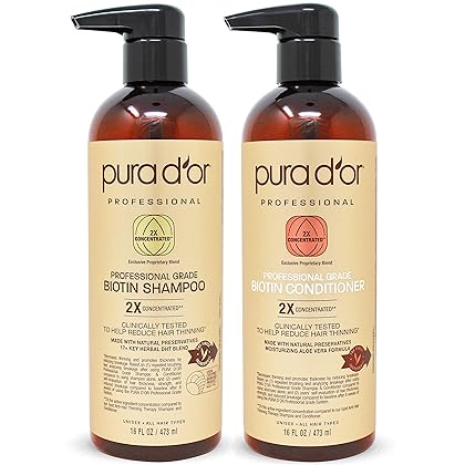 PURA D'OR Professional Grade Biotin Anti-Hair Thinning Shampoo & Conditioner, CLINICALLY TESTED Proven Results, 2X Concentrated DHT Blocker Thickening Products For Women & Men, Sulfate Free, 16oz x 2