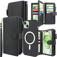 Harryshell Detachable Magnetic Case Wallet for iPhone 15 Plus / 14 Plus Compatible with MagSafe Wireless Charging Phone Cover Multi Card Slots Cash Coin Zipper Pocket Wrist Strap (Black)