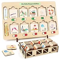 Joyreal Visual Schedule for Kids 3 4 5 6 Years Old, Chores Chart Autism Learning Materials for Home School Classroom, Routine Chart with 75 Wooden Cards and Storage Bag