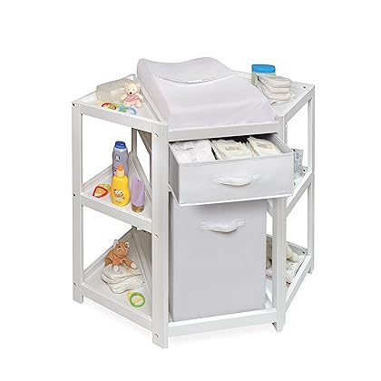 Badger Basket Corner Diaper Changing Table with Laundry Hamper, Storage Bin, and Contoured Pad for Baby - White
