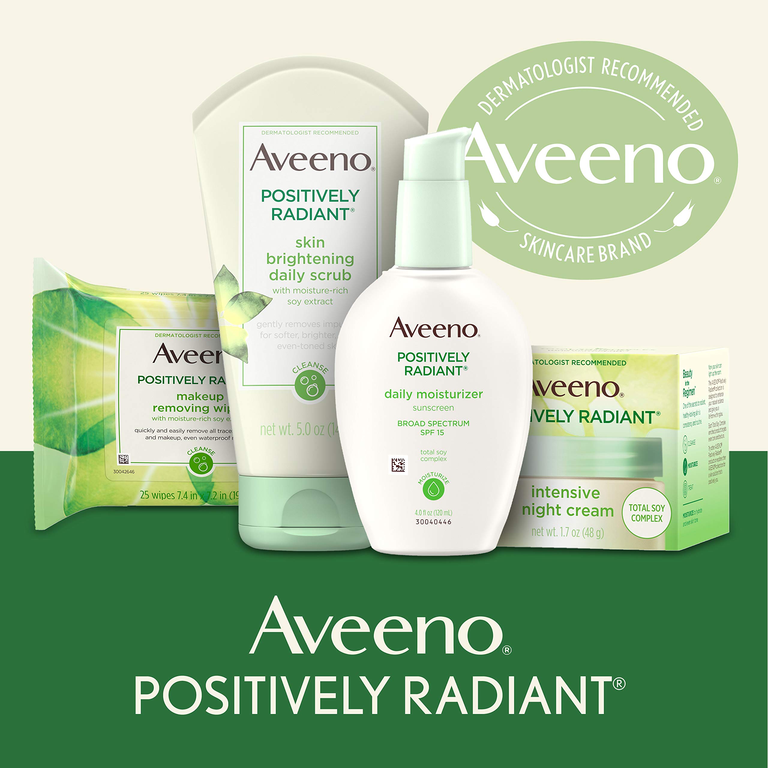 Aveeno Positively Radiant Daily Facial Moisturizer with Broad Spectrum SPF 15 Sunscreen & Total Soy Complex for Even Tone & Texture, Hypoallergenic, Oil-Free & Non-Comedogenic, 4 fl. oz