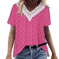 YZHM Women's Summer Tops Short Sleeve Trendy Shirts Lace Trim V Neck Dressy Blouses Floral Print Tunic Tops Loose Fit Tshirts