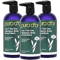 PURA D'OR 3-in-1 Tea Tree Shampoo, Body & Foot Wash & Shampoo (16 Oz x3 = 48 Oz) Total Body Care Soothes, Refreshes, Invigorates, Cleanses, Refreshes & Nourishes - Ideal for Foot Odor & Daily Hygiene
