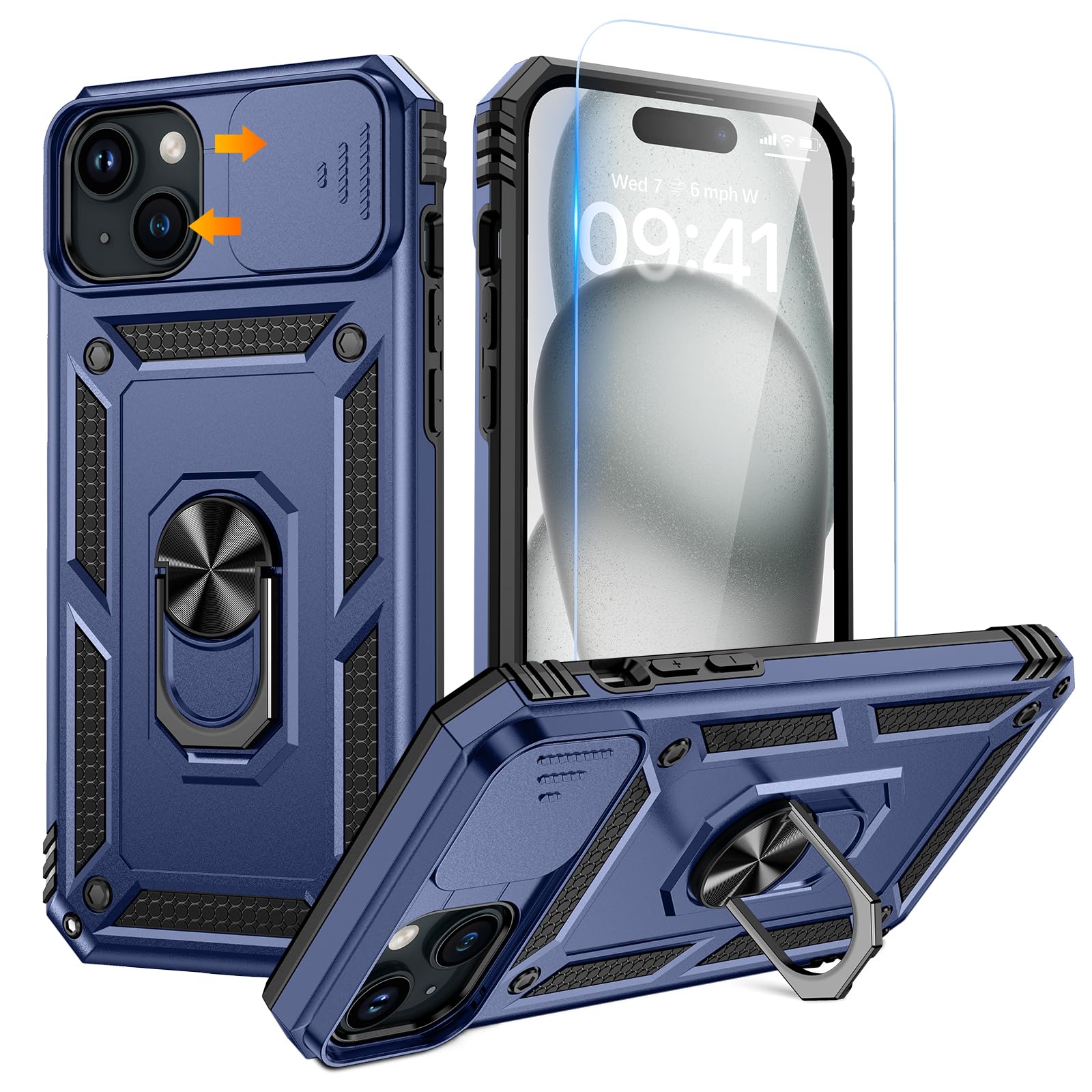 Goton for iPhone 15 Case with Screen Protector - Slide Camera Cover Protective Phone Case with Ring Stand, Heavy Duty Shockproof Rugged Bumper for iPhone 15 Accessories Blue