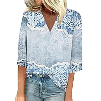 Womens Shirts Summer Casual Dressy 3/4 Sleeve Shirts Lace V Neck Dressy Tops Trendy Vacation Floral Blouses