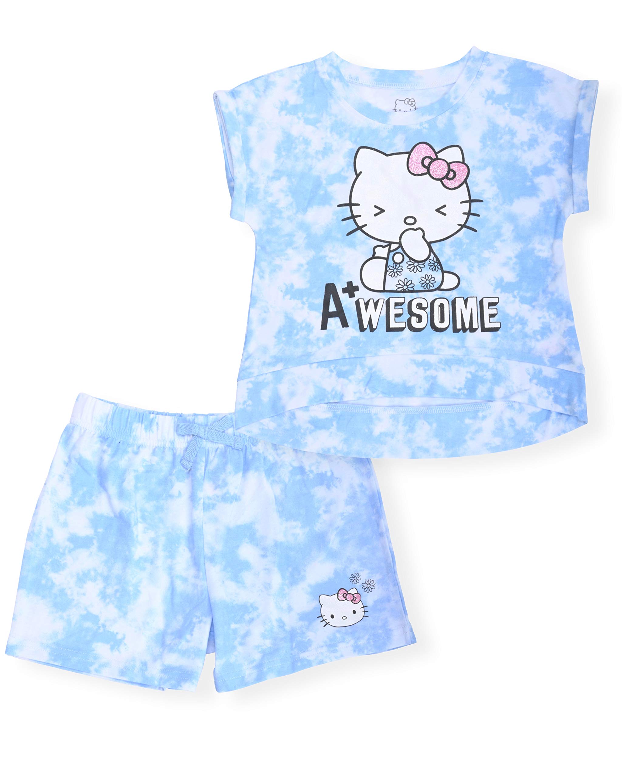 Hello Kitty Girls 2-Piece Fashion Tee Shirt and Active Short Set with Tie Front Top and Fashion Dolphin Shorts Summer Clothes