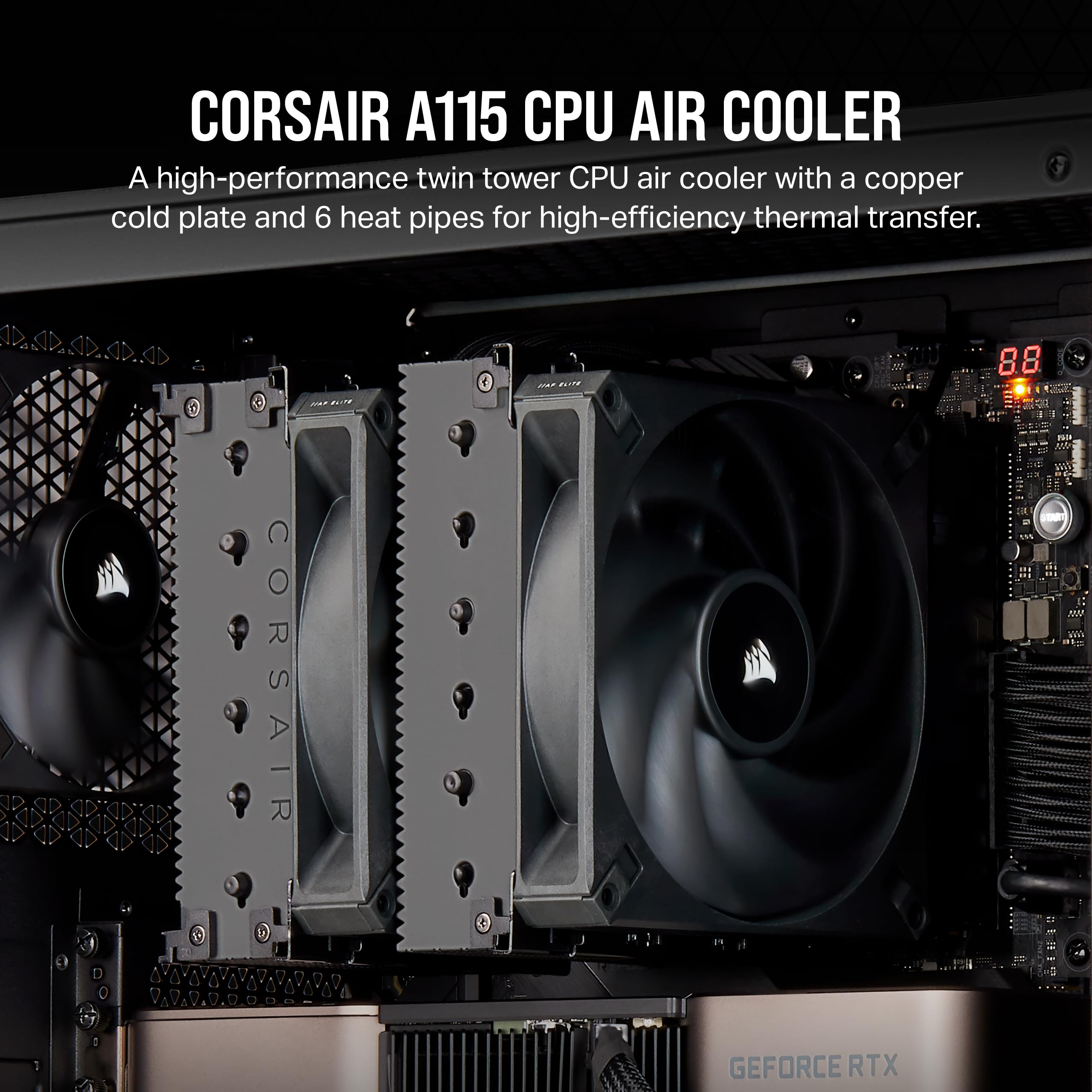 CORSAIR A115 High-Performance Tower CPU Air Cooler — Cools up to 270W TDP - Slide-and-Lock Fan Mount - Two Corsair AF140 Elite Fans - Easy to Install - Pre-Applied Thermal Paste — Black