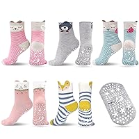 Non Slip Toddler Socks, Kids Baby Anti Skid Cotton Crew Cute Animal Socks with Grippers for Grils Boys, 5 Pairs