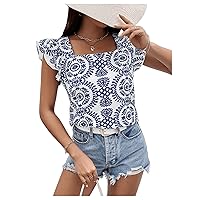 Floerns Women's Ditsy Floral Square Neck Ruffle Cap Sleeve Summer Blouse Top