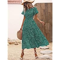 Dresses for Women - Allover Print Ruffle Hem Dress (Color : Green, Size : Large)