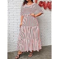 Plus Women's Dress Plus Striped Print Ruffle Hem Dress (Color : Red and White, Size : X-Large)