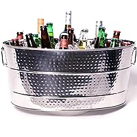BREKX Aspen Heavy-Duty Oval Stainless Steel Bucket - Metal Large Ice Bucket for Drinks, 25-Quart (30-Bottle) Bucket Cooler Ice Container for Party, Glossy Sealed Hammered Finish, Leak Resistant