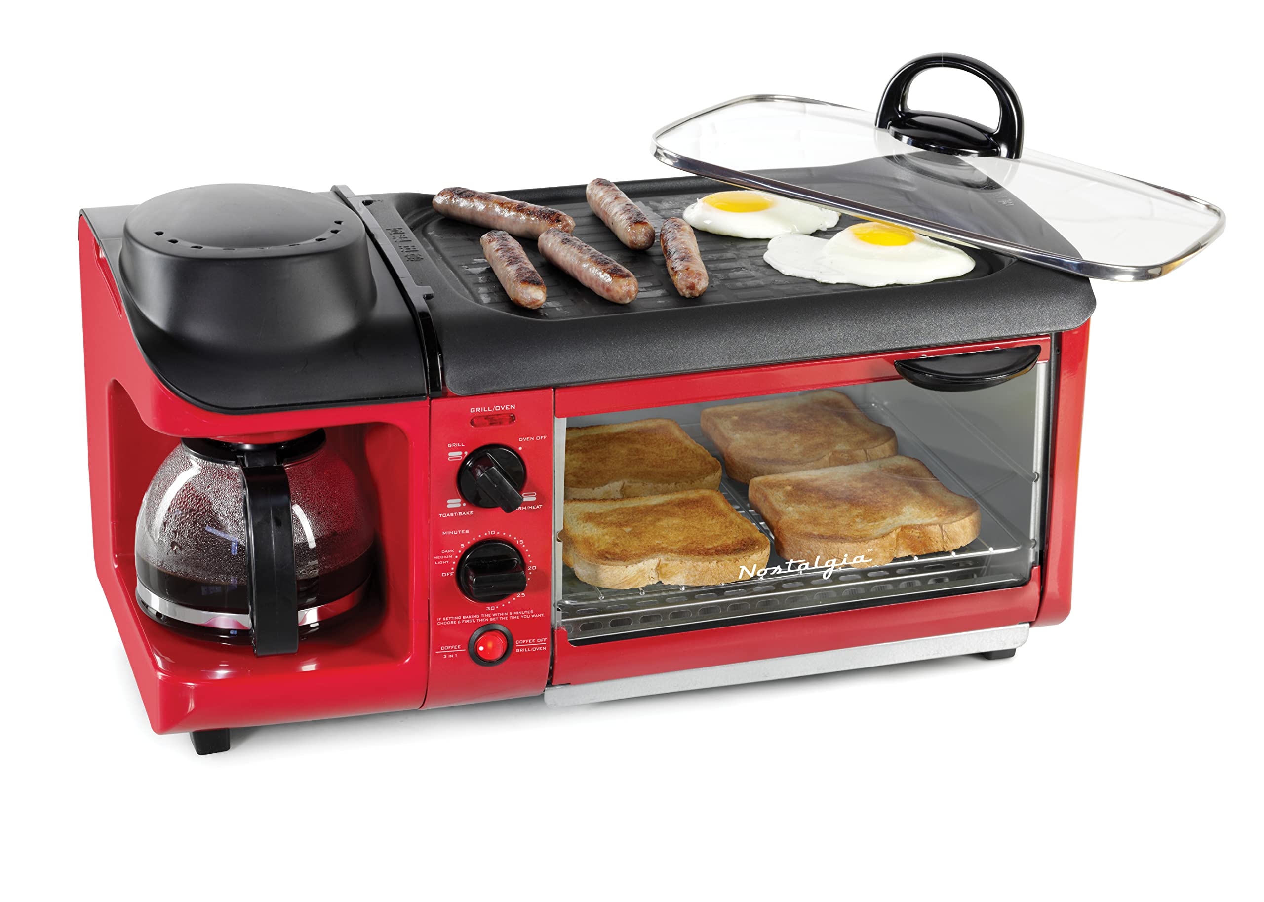 Nostalgia 3-in-1 Breakfast Station - Includes Coffee Maker, Non-Stick Griddle, and 4-Slice Toaster Oven - Versatile Breakfast Maker with Timer - Red